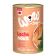 Dose "WOW Dog" Premium Nassfutter für Hunde mit Lachs, beschriftet "Lachs Adult." Enthält 71% Fisch, Fleisch und Innereien, mit 0% Getreide und Gluten.