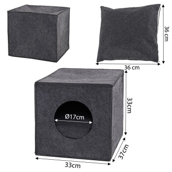 Graues Filzhaustierhaus mit einem runden Eingang (Ø17cm) und einem abnehmbaren Kissen, Maße 36cm x 36cm x 37cm.