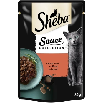 Sheba Sauce Collection Katzenfutterbeutel mit einer grauen Katze, einer Schüssel mit Rindfleisch in Sauce und dem Text "sauce lover mit Rind au boeuf."