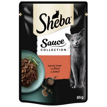 Pochette de nourriture pour chats Sheba Sauce Collection présentant un chat gris, un bol de bœuf en sauce, et le texte "sauce lover mit Rind au boeuf."