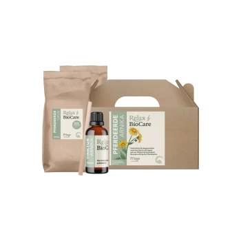 Relax BioCare Haustierpflege-Set mit einer 100ml Arnika-Tinktur und zwei 0,75kg Beuteln von grünem Erde, mit Produktetiketten auf Deutsch.