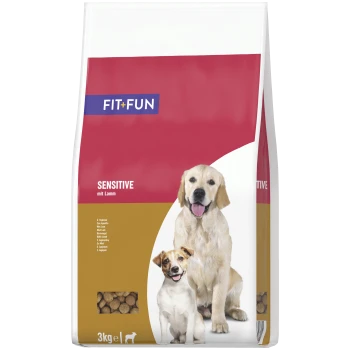 Tüte FIT+FUN Sensitive Hundefutter (mit Lamm), 3 kg, zeigt zwei Hunde und ein kleines Sichtfenster mit Kroketten.