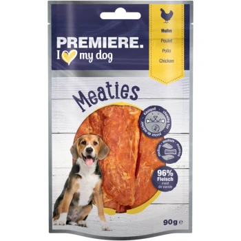 Premiere I love my dog Meaties dog treats, 90g package featuring chicken flavor, 96% meat content, with a playful dog image.
