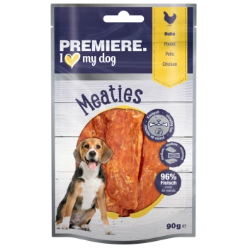 PREMIÈRE. I ♥ my dog Meaties kip hondenkoekjes, verpakking met gesneden vlees; label '96% Fleisch, Huhn/Poulet/Pollo/Chicken'; 90 g.