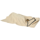 Une couverture pour animaux beige avec une fermeture éclair le long du bord, conçue pour le confort et la chaleur.