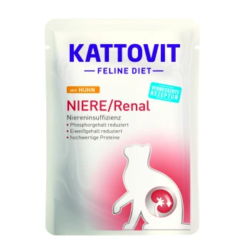Kattovit Feline Diet Nierenfutterbeutel für Katzen, mit Huhn, mit Text, der reduzierte Phosphor- und Proteingehalte hervorhebt.