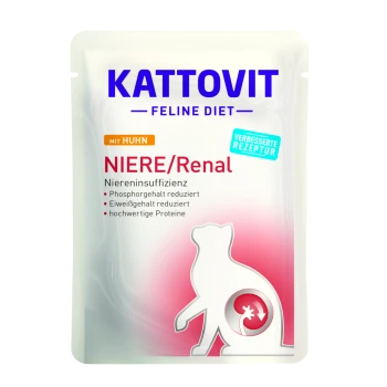 Kattovit Feline Diet Nierenfutterbeutel für Katzen, mit Huhn, mit Text, der reduzierte Phosphor- und Proteingehalte hervorhebt.