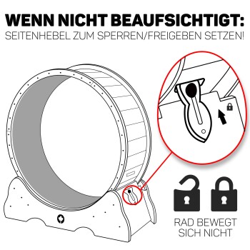 Illustration eines Haustier-Übungsrads mit einem Verriegelungsmechanismus, mit einem seitlichen Hebel zum Verriegeln/Entsperren und Sicherheitsanweisungen auf Deutsch.