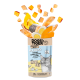 Haustierfutterbeutel mit der Aufschrift "DOGS'n TIGER" mit einer Katzenillustration und Text über Lachs-, Ei- und Kürbiszutaten.