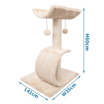 Katzenbaum mit einer plüschigen oberen Plattform, einem Kratzbaum und hängenden Pompons; Abmessungen: H60cm, L41cm, B35cm.