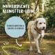 Wasserdichte Allwetter-Leine in leuchtendem Gelb, mit dem Text 'Schmutzabweisend & einfach zu reinigen', während ein Hund im Wasser steht.