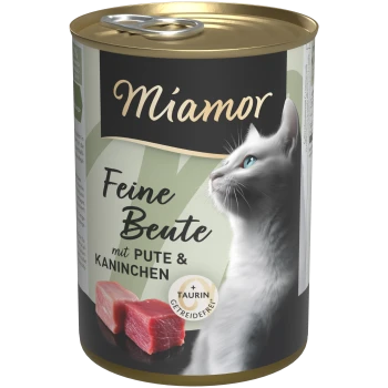 Miamor Katzenfutterdose mit weißer Katze, Truthahn- und Kaninchenfleisch, gekennzeichnet als getreidefrei mit zugesetztem Taurin.