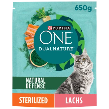 Verpackung von Purina ONE Dual Nature Katzenfutter mit einer grauen Katze, Lachs und grünen Zutaten, beschriftet "Natürlicher Schutz", "Sterilisiert" und "Lachs."
