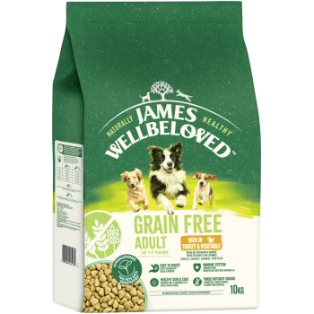 James Wellbeloved Grain Free Adult Dog Food, rich in turkey & vegetable, hypoallergenic, 10kg bag with images of three dogs.