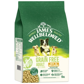 James Wellbeloved Grain Free Adult Dog Food, rich in turkey & vegetable, hypoallergenic, 10kg bag with images of three dogs.