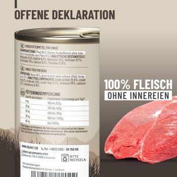Dose Hundefutter mit 100% Fleisch ohne Innereien, mit detaillierten Zutaten- und Fütterungsempfehlungen auf Deutsch.