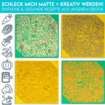Bunte Futtermatten für Haustiere mit verspielten Designs, mit dem Text 'SCHLECK MICH MATTE' und Symbolen von Früchten und Gemüse.