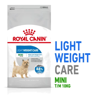 Royal Canin Light Weight Care hondenvoerzak, 10 kg, voor mini-rassen, met een afbeelding van een hond en tekst die de voordelen van gewichtsbeheer benadrukt.