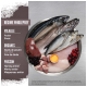 Image d'un bol en métal rempli de diverses viandes crues, y compris des poissons entiers, des poulets et des organes de dinde, avec un texte détaillant les ingrédients.
