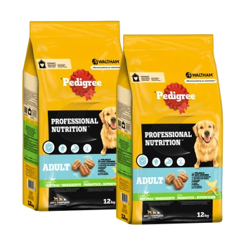 Dwa worki 12 kg karmy dla psów Pedigree Professional Nutrition dla dorosłych, z wizerunkiem golden retrievera i zapewnieniami o naturalnych składnikach.