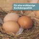 Drei Eier in verschiedenen Brauntönen und Beige, die in Stroh gebettet sind, mit dem Text 'Für eine erstklassige Eischalenqualität' darüber.