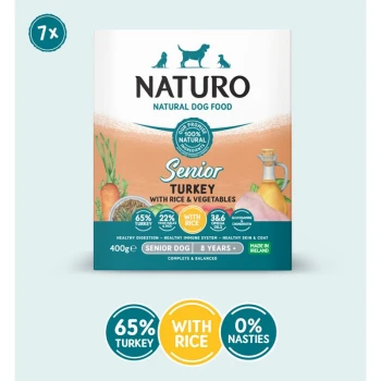 Naturo Natural Dog Food for senior dogs, with 65% turkey, 22% rice and vegetables, plus 3.6 omega oils.