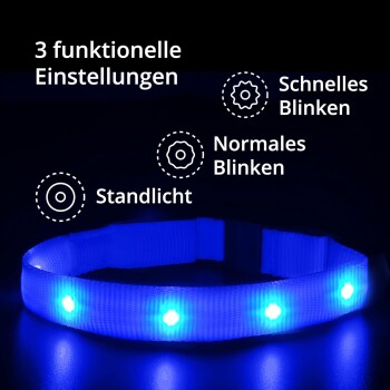 Blaues LED-Halsband für Haustiere mit drei funktionalen Einstellungen: Dauerlicht, normales Blinken und schnelles Blinken, auf einem dunklen Hintergrund angezeigt.