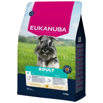 Sac de nourriture Eukanuba avec schnauzer sur l'herbe, grand logo « EUKANUBA », étiquette « ADULT », tailles S M L XL, 7,5 kg.
