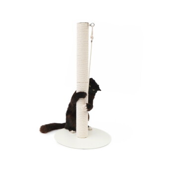 Eine schwarze Katze klammert sich verspielt an einen hohen, weißen Kratzbaum mit runder Basis, zeigt ihre Krallen und einen neugierigen Ausdruck.
