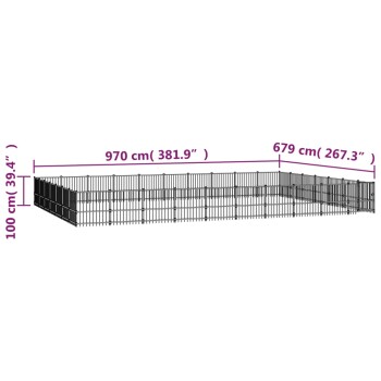 Schwarzes Haustier-Spielgehege mit den Abmessungen: 970 cm (381,9") Länge, 679 cm (267,3") Breite und 100 cm (39,4") Höhe.