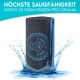 Schwarzes Haustierhandtuch mit blauen Akzenten, Hundegrafik und dem Text "HÖCHSTE SAUGFÄHIGKEIT DURCH 20.000M FASERN PRO GRAMM", mit Wasserspritzern.