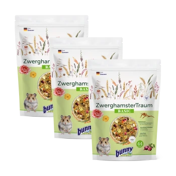Trois sacs de nourriture pour hamster "ZwerghamsterTraum BASIC" de Bunny, avec un graphique de hamster mignon et des motifs floraux, étiquetés "Fabriqué en Allemagne."