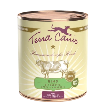Dose mit Terra Canis Hundefutter mit Kuhillustration, beschriftet mit "Rind mit Karotte, Apfel & Naturreis," auf einem hellgelben Sternen-Hintergrund.