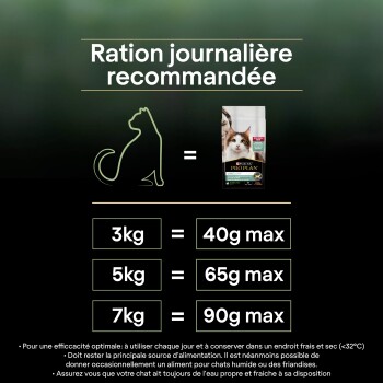 En-tête « Ration journalière recommandée » ; silhouette de chat et sac d'aliments. 3 kg = 40 g max, 5 kg = 65 g max, 7 kg = 90 g max.