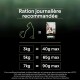 En-tête « Ration journalière recommandée » ; silhouette de chat et sac d'aliments. 3 kg = 40 g max, 5 kg = 65 g max, 7 kg = 90 g max.