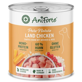 Dose AniForte Pure Nature Land Huhn Hundefutter mit einem orangefarbenen Etikett, das "60% Huhn," "glutenfrei" und Bilder von Huhn, Karotten und Reis zeigt.