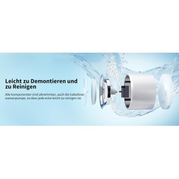 Explosionsansicht eines weißen Haustier-Wasserbrunnens mit Wasserspritzern und dem Text "EINFACH ZU DEMONTIEREN & REINIGEN" auf blauem Hintergrund.