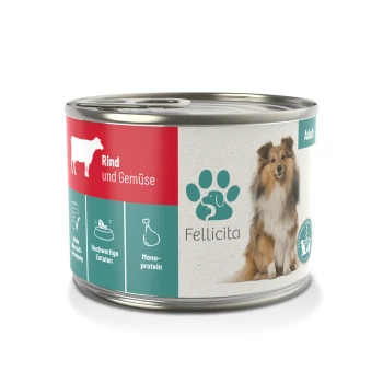 Dose Hundefutter "Rind und Gemüse" von Fellicita, mit einem Shetland Sheepdog und Symbolen für hochwertige Zutaten und Mono-Protein.