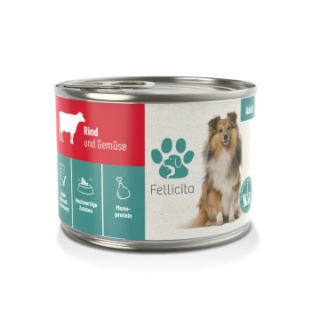 Dose Hundefutter "Rind und Gemüse" von Fellicita, mit einem Shetland Sheepdog und Symbolen für hochwertige Zutaten und Mono-Protein.