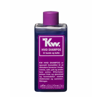 Flasche KW HVID SHAMPOO für Hunde und Katzen, mit einem lila Deckel und Etikett, mit dänischem Text über die Vorteile für helles Fell.