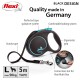 Black flexi dog leash with ergonomic grip, sturdy tape, and comfortable braking system; suitable for dogs up to 50kg, 5m length.