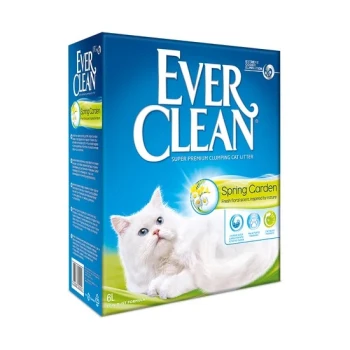 Spring Garden 10 l Ever Clean Super Premium Klumpstreu für Katzen, Frühlingsgarten-Duft, mit einer weißen Katze auf der Verpackung, 6L Größe.