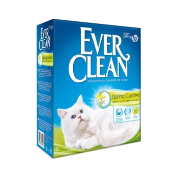 Ever Clean Super Premium Klumpstreu für Katzen, Frühlingsgarten-Duft, mit einer weißen Katze auf der Verpackung, 6L Größe.