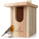 Ein hölzernes Vogelhaus mit einem runden Eingang, das das Logo 'WILDTIER LIEBE' zeigt und einen kleinen Rotkehlchen daneben stehen hat.