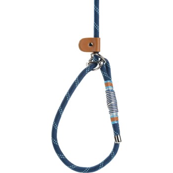 A stylish blue dog leash made of durable fabric with a leather attachment, featuring a woven design and metal clip.