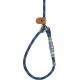 A stylish blue dog leash made of durable fabric with a leather attachment, featuring a woven design and metal clip.