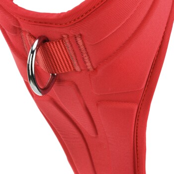 Rotes gepolstertes Hundegeschirr mit Metall-D-Ring zur Leinenbefestigung, entworfen für Komfort und Kontrolle.