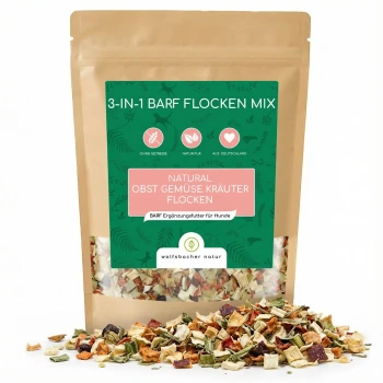 3-in-1 BARF Flockenmischung für Hunde in einem wiederverschließbaren braunen Beutel, beschriftet mit "Natürliche Obst Gemüse Kräuter Flocken," 500g, glutenfrei, hergestellt in Deutschland.