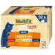 MultiFit Chicken Mix pour chats adultes, avec une silhouette de chat bleue, incluant des saveurs : poulet, dinde et foie. 92 x 100g paquets.