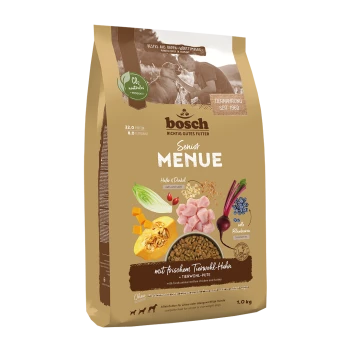 Bosch Senior Menue Hundefutterverpackung, die frisches Tierwohl-Hühnchen und Truthahn zeigt, mit Zutaten wie Hafer, Dinkel und Heidelbeeren.